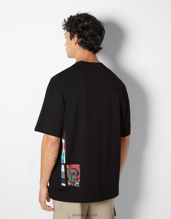 muži Bershka art series print tričko s krátkým rukávem P88442638 oblečení Černá