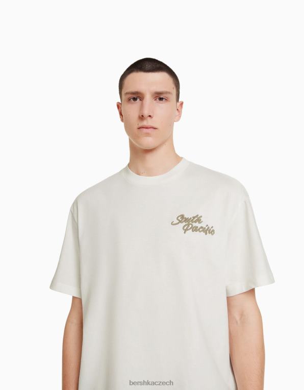 muži Bershka boxy fit tričko s krátkým rukávem a výšivkou P88442614 oblečení bílý
