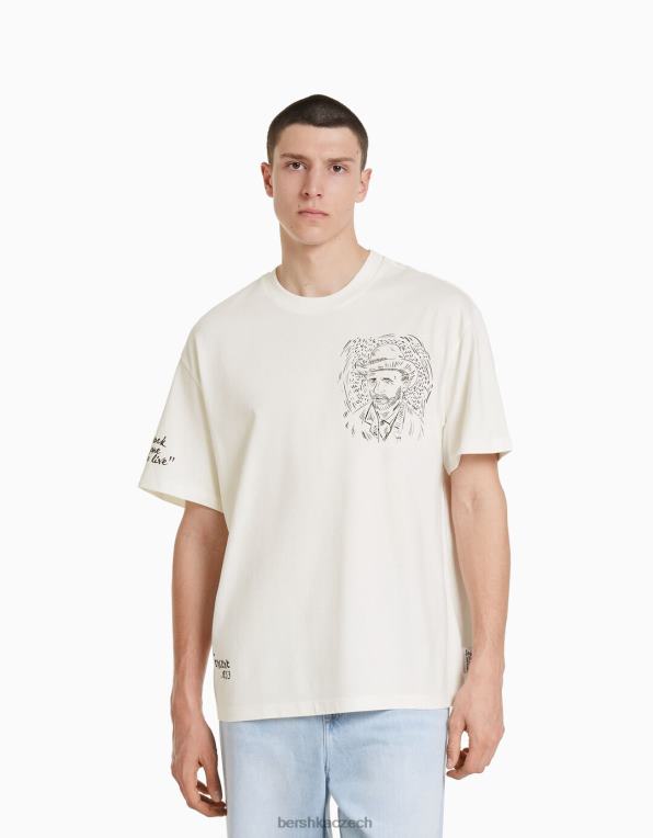 muži Bershka boxy fit tričko s krátkým rukávem s van Goghovým potiskem P88442613 oblečení bílý