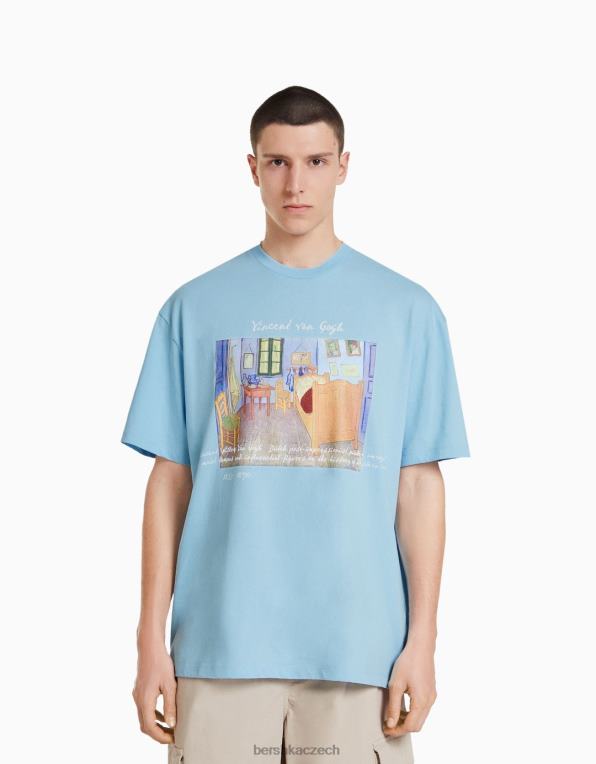 muži Bershka boxy fit tričko s krátkým rukávem s van Goghovým potiskem P88442627 oblečení světle modrá