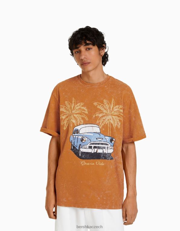 muži Bershka boxy fit tričko s potiskem a krátkými vyhrnutými rukávy P88442712 oblečení tmavě oranžová