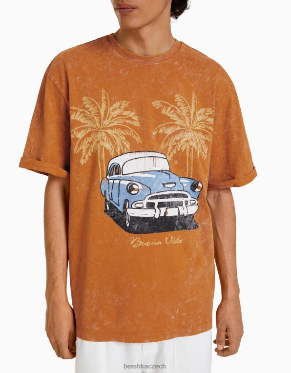 muži Bershka boxy fit tričko s potiskem a krátkými vyhrnutými rukávy P88442712 oblečení tmavě oranžová