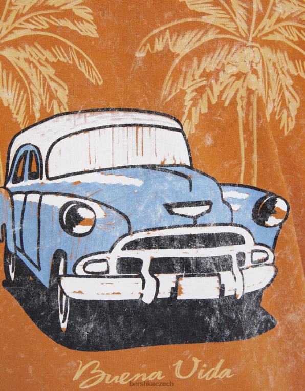 muži Bershka boxy fit tričko s potiskem a krátkými vyhrnutými rukávy P88442712 oblečení tmavě oranžová