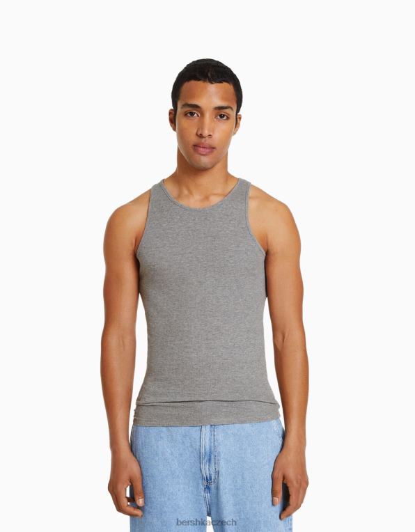 muži Bershka žebrované tričko bez rukávů P88442668 oblečení Šedá