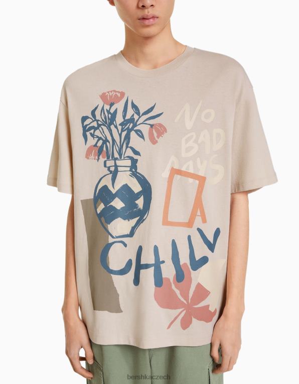muži Bershka potištěné tričko s krátkým rukávem s jednoduchým střihem P88442836 oblečení velbloud