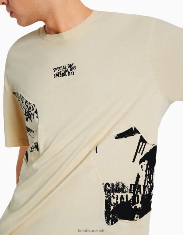 muži Bershka triko s krátkým rukávem v krabicovém střihu s potiskem P88442615 oblečení velbloud