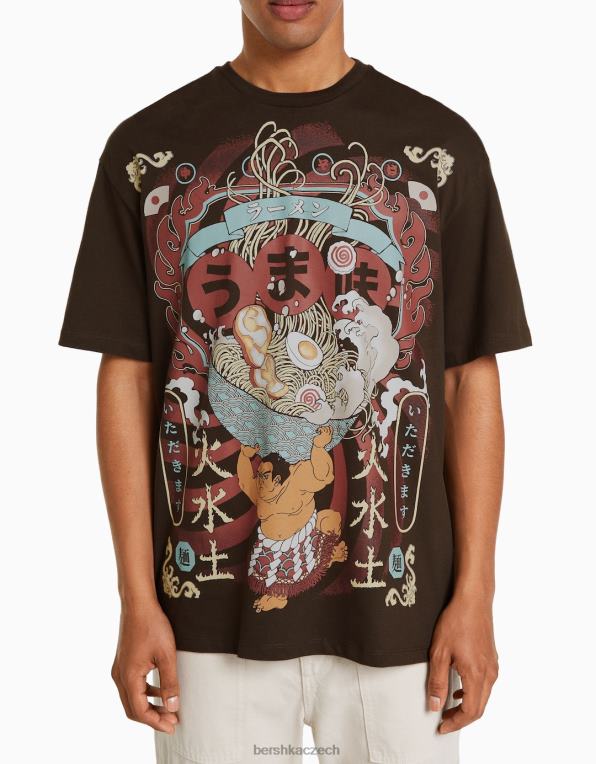 muži Bershka triko s krátkým rukávem v krabicovém střihu s potiskem P88442616 oblečení hnědý