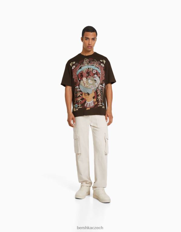 muži Bershka triko s krátkým rukávem v krabicovém střihu s potiskem P88442616 oblečení hnědý