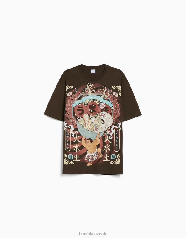 muži Bershka triko s krátkým rukávem v krabicovém střihu s potiskem P88442616 oblečení hnědý