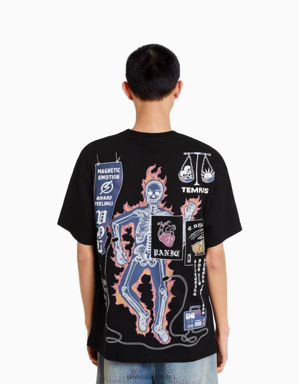 muži Bershka triko s krátkým rukávem v krabicovém střihu s potiskem P88442618 oblečení Černá