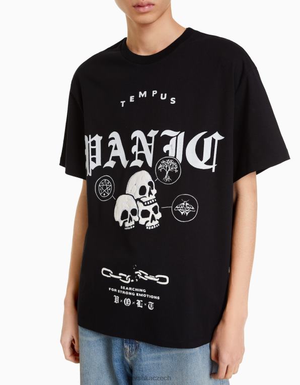 muži Bershka triko s krátkým rukávem v krabicovém střihu s potiskem P88442618 oblečení Černá