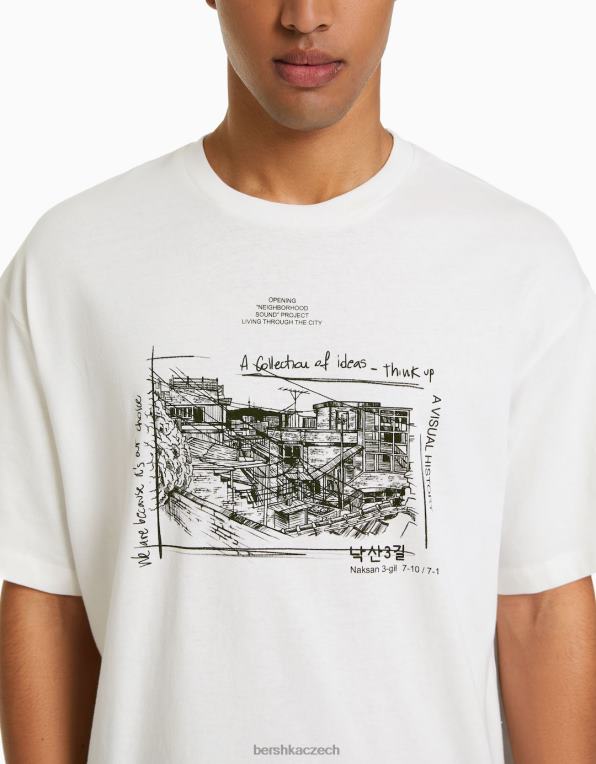 muži Bershka triko s krátkým rukávem v krabicovém střihu s potiskem P88442697 oblečení bílý