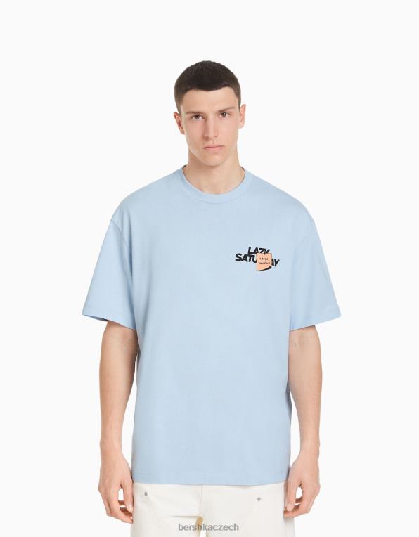 muži Bershka triko s krátkým rukávem v krabicovém střihu s potiskem P88442702 oblečení světle modrá