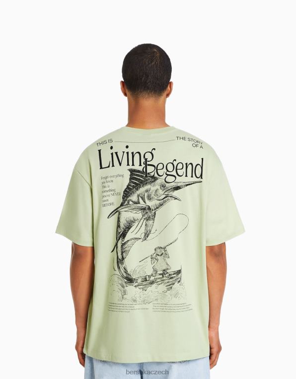 muži Bershka triko s krátkým rukávem v krabicovém střihu s potiskem P88442835 oblečení zelená