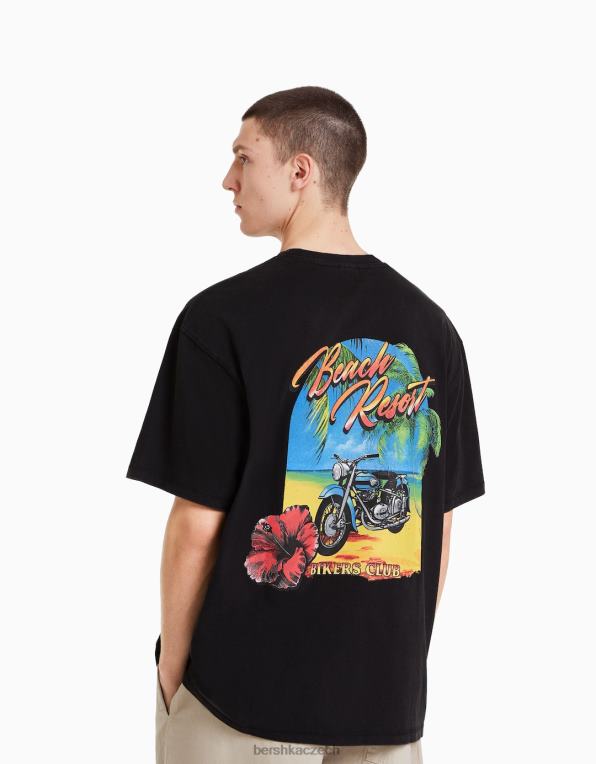 muži Bershka vybledlé potištěné tričko s krátkým rukávem v hranatém střihu s nášivkou P88442714 oblečení Černá