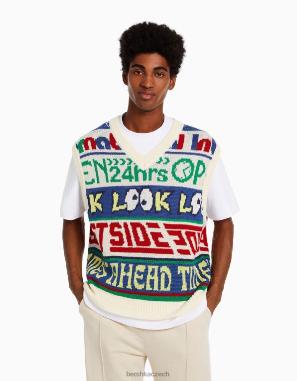 muži Bershka pletená vesta s intarzií a výstřihem do V P88443007 oblečení krém