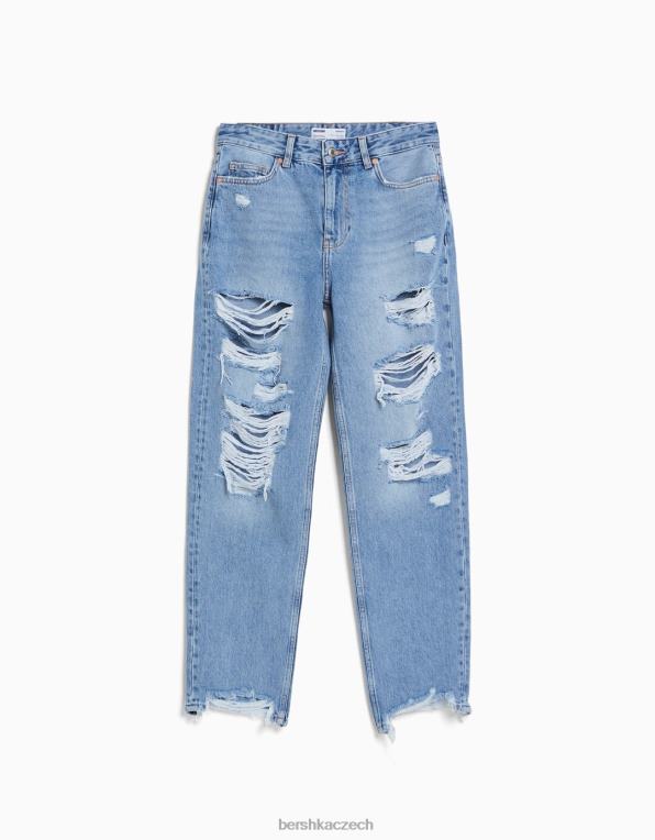unisex Bershka roztrhané zkrácené džíny s rovnými nohama P88443961 oblečení světle modrá