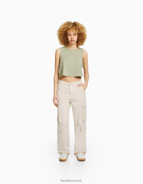 unisex Bershka nastavitelné vícekapsové keprové cargo kalhoty P88443872 oblečení krém