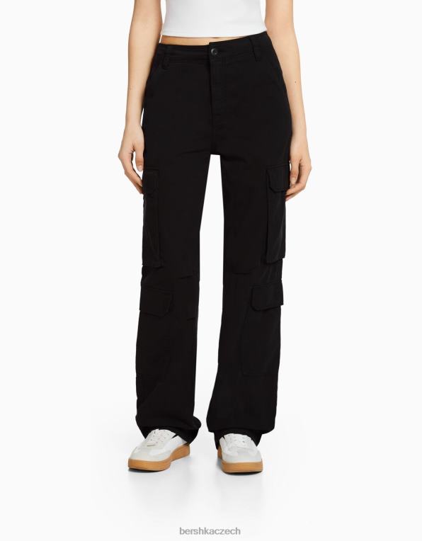 unisex Bershka nastavitelné vícekapsové keprové cargo kalhoty P88443876 oblečení Černá