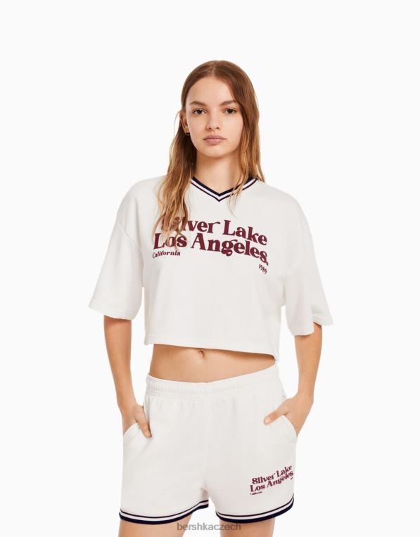 unisex Bershka Mikina s krátkým rukávem a výstřihem do V s potiskem P88444114 oblečení krém