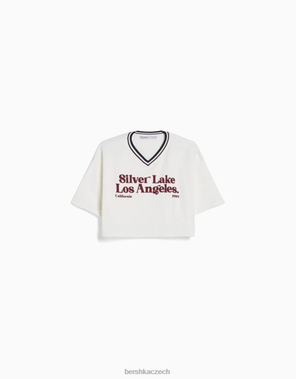 unisex Bershka Mikina s krátkým rukávem a výstřihem do V s potiskem P88444114 oblečení krém