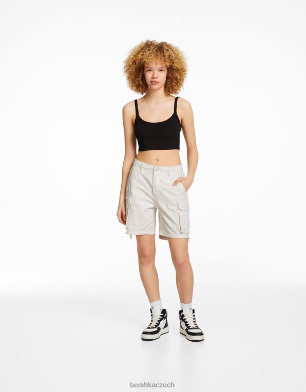 unisex Bershka bavlněné cargo bermudy s ramínky P88444025 oblečení špinavě bílé
