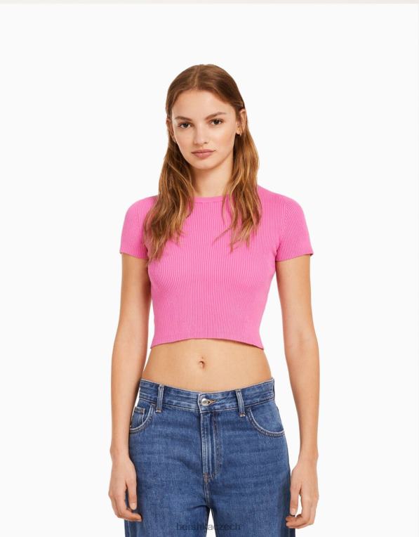 unisex Bershka žebrovaný svetr s krátkým rukávem P88444120 oblečení růžový