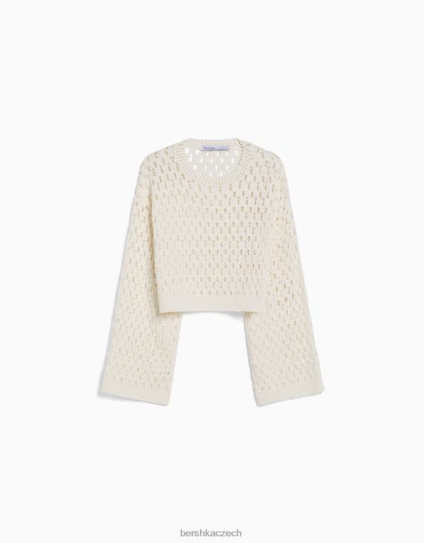 unisex Bershka otevřený pletený rustikální svetr s výstřihem P88444148 oblečení krém