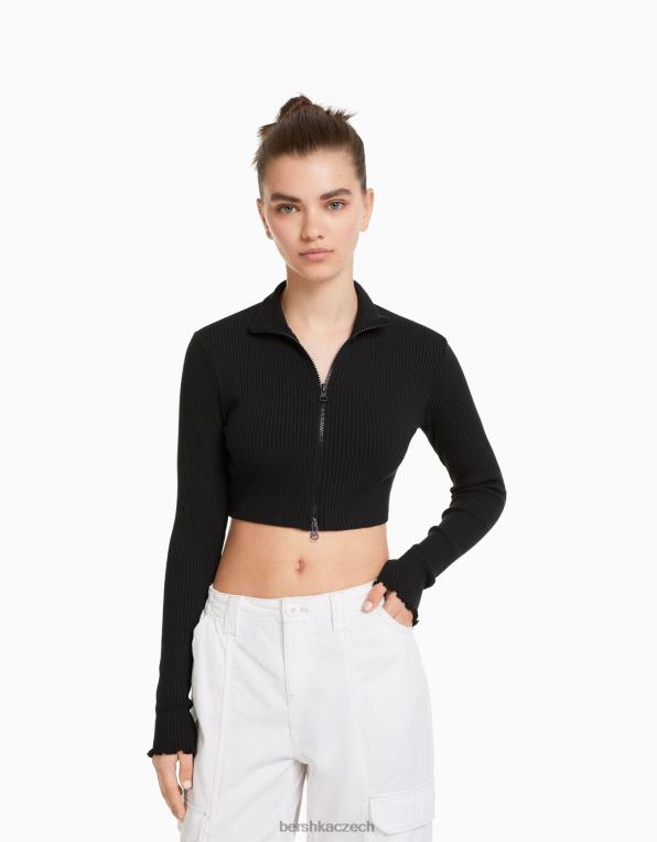 unisex Bershka zkrácený kardigan s vysokým výstřihem a zipem P88444122 oblečení tmavošedý