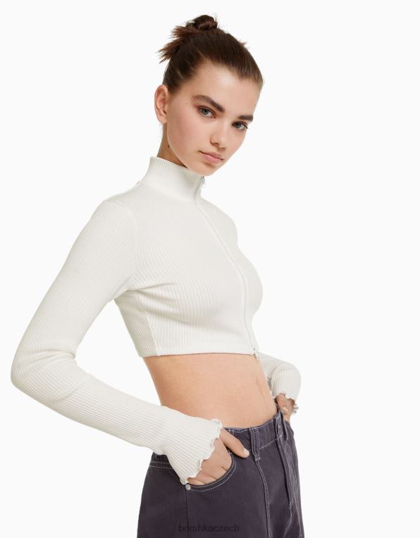 unisex Bershka zkrácený kardigan s vysokým výstřihem a zipem P88444123 oblečení špinavě bílé