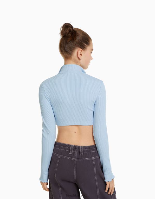 unisex Bershka zkrácený kardigan s vysokým výstřihem a zipem P88444145 oblečení světle modrá