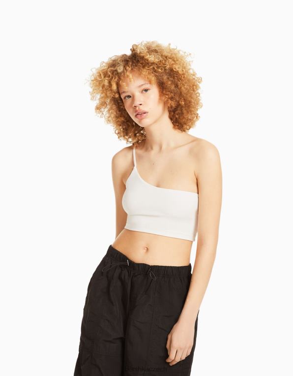 unisex Bershka asymetrický crop top s páskem P88443856 oblečení špinavě bílé