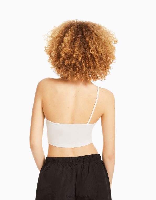 unisex Bershka asymetrický crop top s páskem P88443856 oblečení špinavě bílé