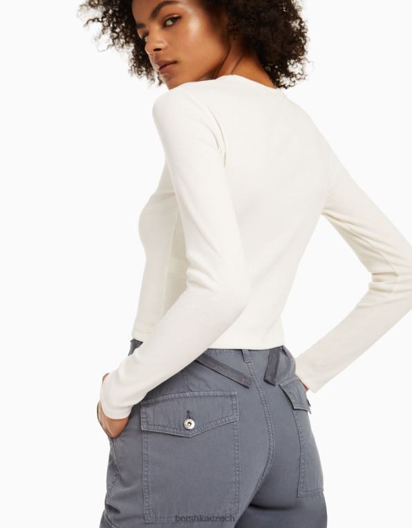 unisex Bershka žebrované tričko s dlouhým rukávem P88443803 oblečení bílý