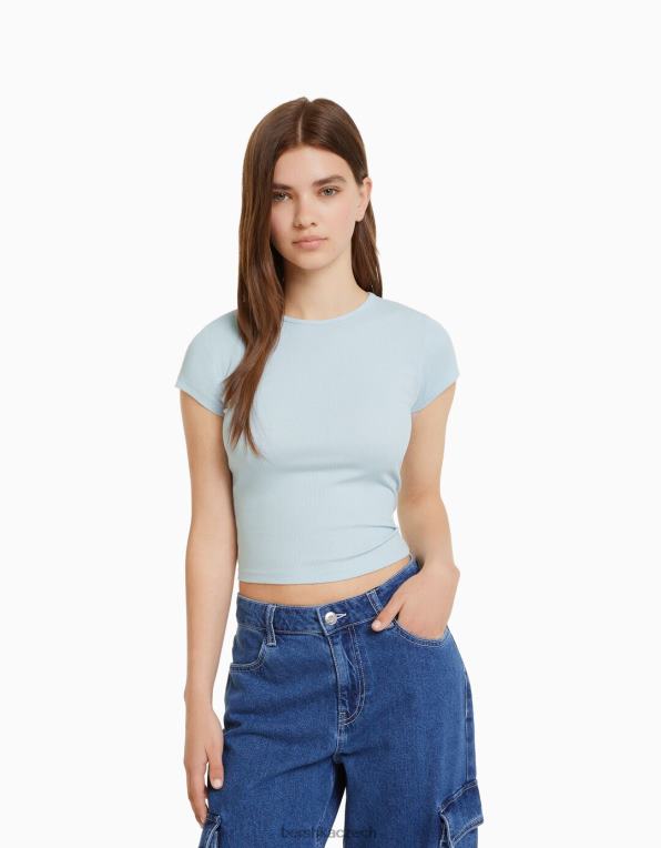 unisex Bershka žebrované tričko s krátkým rukávem P88443716 oblečení světle modrá