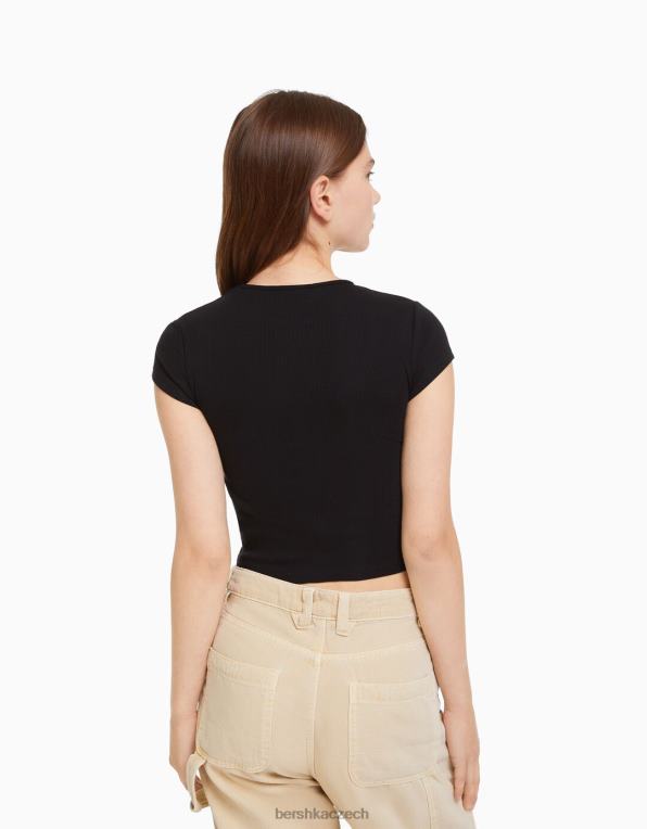 unisex Bershka žebrované tričko s krátkým rukávem P88443722 oblečení Černá