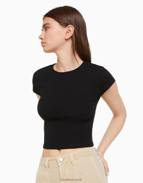 unisex Bershka žebrované tričko s krátkým rukávem P88443722 oblečení Černá