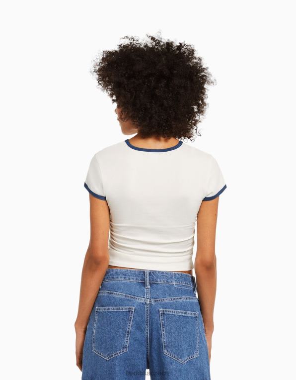 unisex Bershka žebrované tričko s krátkým rukávem s potiskem P88443810 oblečení špinavě bílé