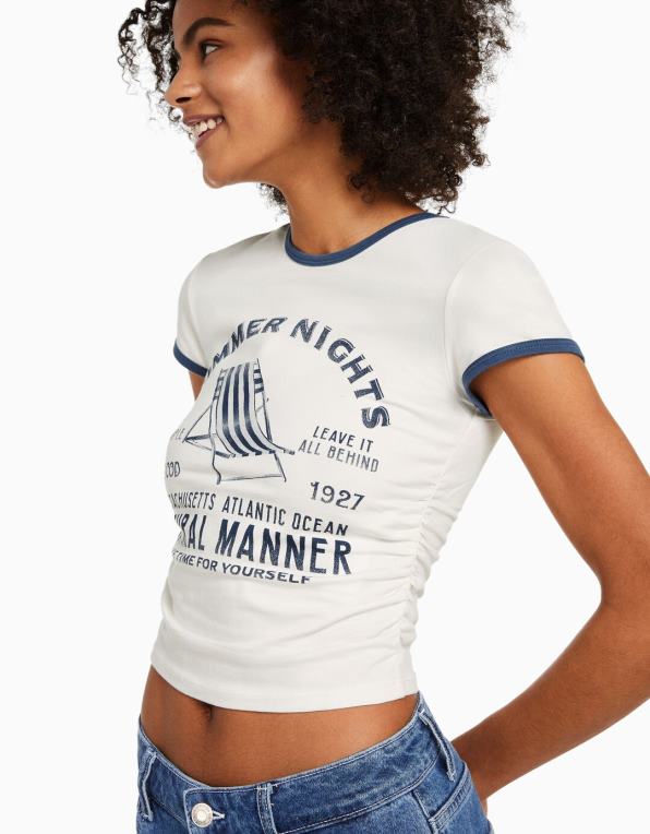 unisex Bershka žebrované tričko s krátkým rukávem s potiskem P88443810 oblečení špinavě bílé