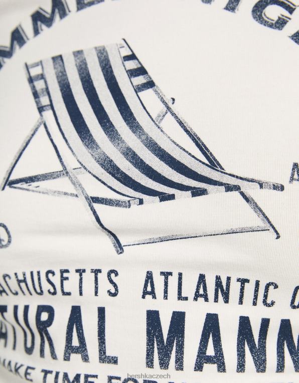 unisex Bershka žebrované tričko s krátkým rukávem s potiskem P88443810 oblečení špinavě bílé