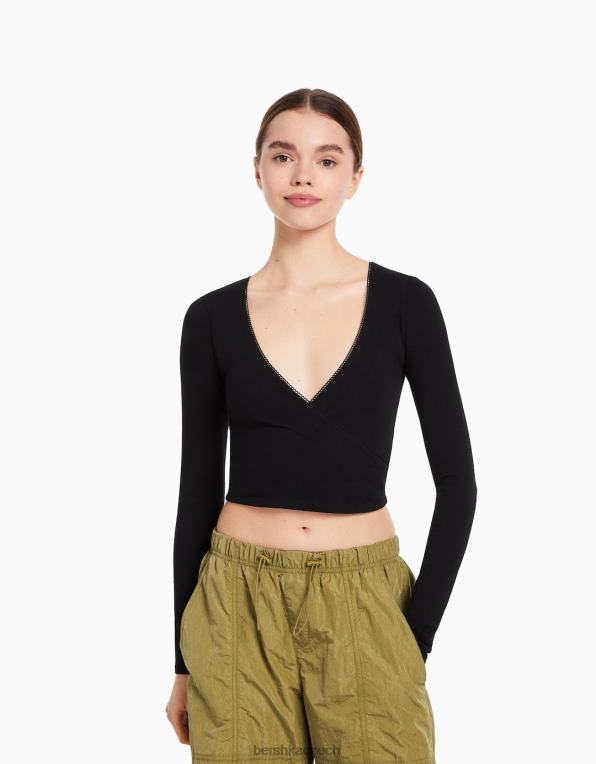 unisex Bershka překřížené tričko s dlouhým rukávem P88443755 oblečení Černá