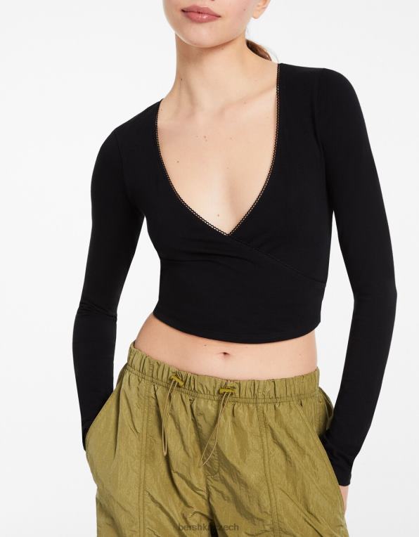 unisex Bershka překřížené tričko s dlouhým rukávem P88443755 oblečení Černá