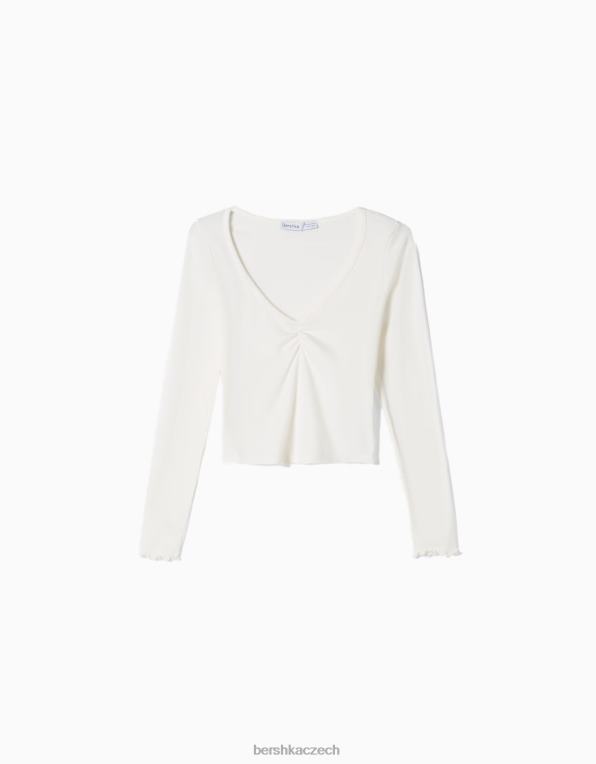 unisex Bershka tričko s dlouhým rukávem a nabíraným výstřihem do V P88443837 oblečení špinavě bílé