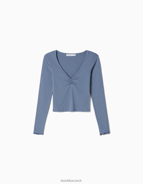 unisex Bershka tričko s dlouhým rukávem a nabíraným výstřihem do V P88443838 oblečení modrý