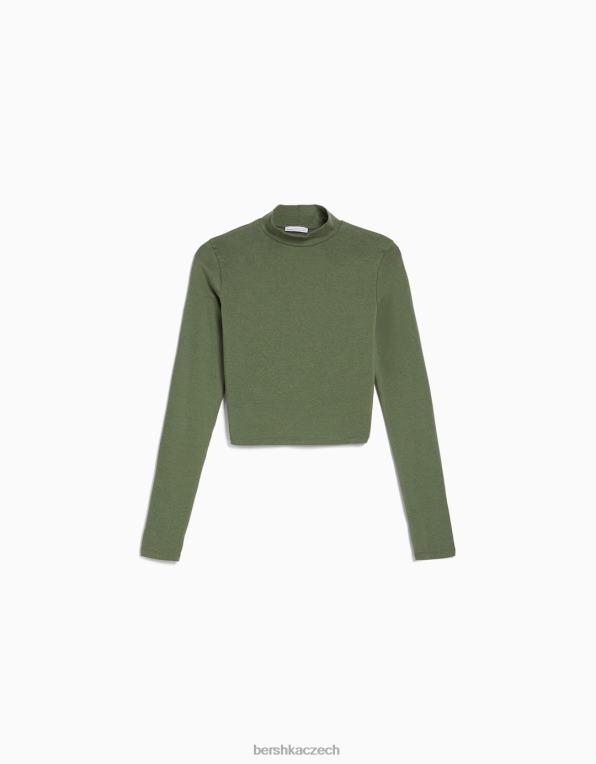 unisex Bershka tričko s dlouhým rukávem a vysokým výstřihem P88443822 oblečení khaki