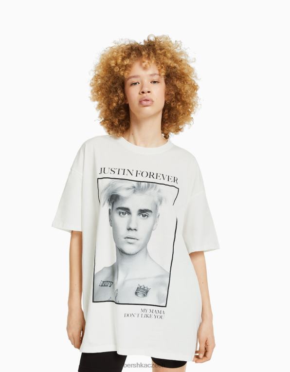 unisex Bershka tričko s krátkým rukávem s potiskem justin bieber P88443706 oblečení špinavě bílé