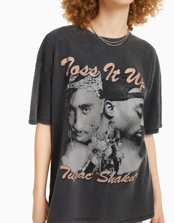 unisex Bershka tričko s krátkým rukávem s tupacovým potiskem P88443766 oblečení Šedá
