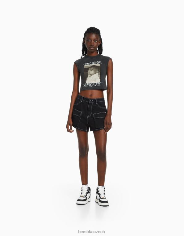 unisex Bershka tupac tričko se zkráceným potiskem bez rukávů P88443694 oblečení Šedá