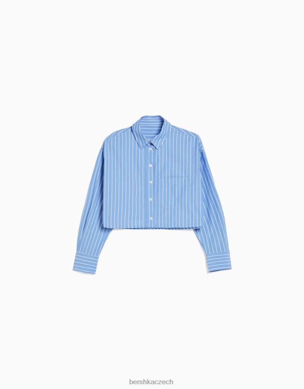 unisex Bershka zkrácená popelínová košile s dlouhým rukávem P88443807 oblečení světle modrá