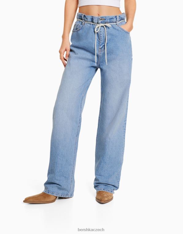 ženy Bershka džíny rovného střihu s elastickým pasem P88441584 oblečení světle modrá